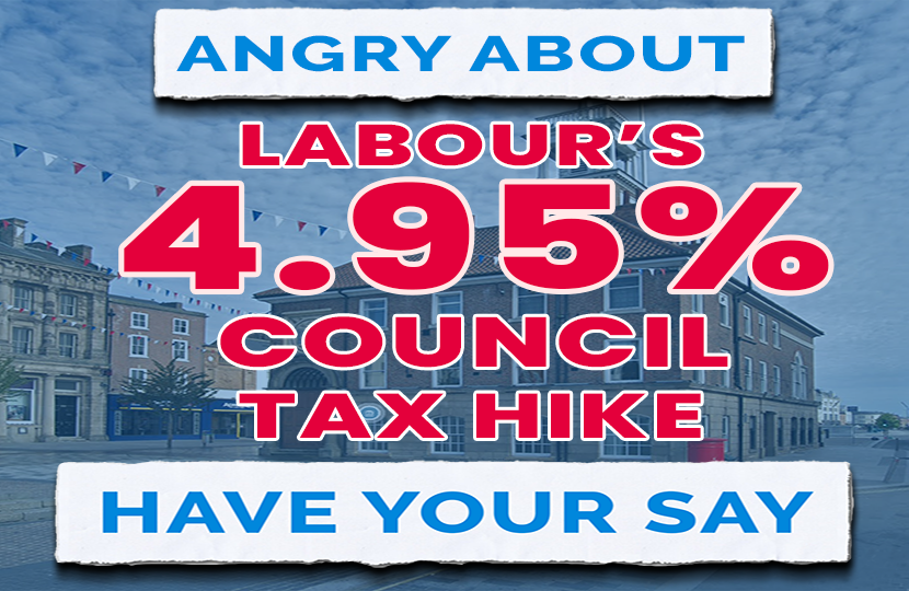 Red text over a background of Stockton's Town hall, calling on readers to have their say on Labour's 4.95% council tax hike