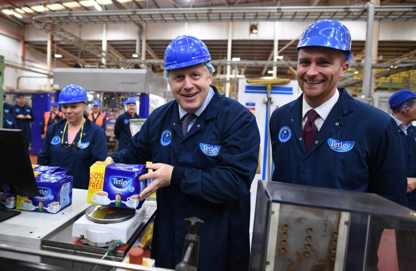 Boris on the production line at Tetley Tea, with Matt Vickers